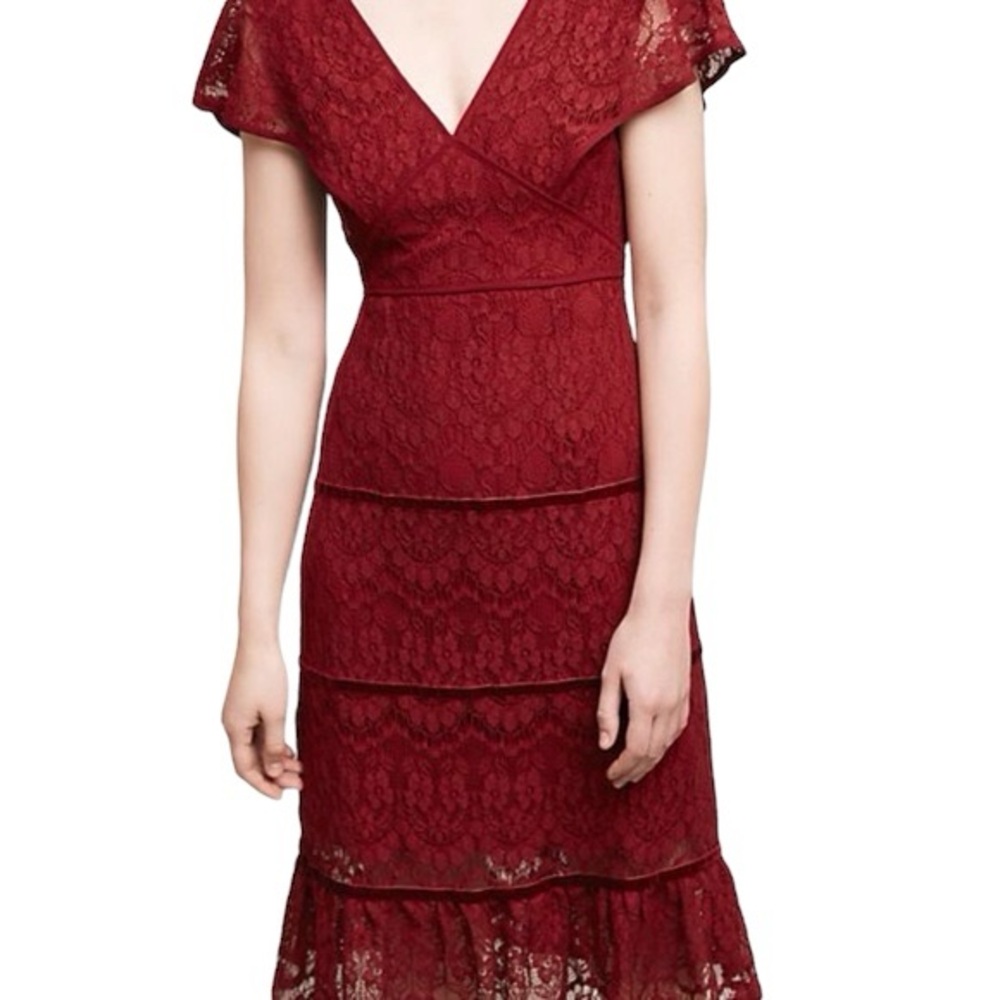 Foxiedox Womens Burgandy Short Sleeve V Neck Lace Overlay‎ Midi Dress Medium